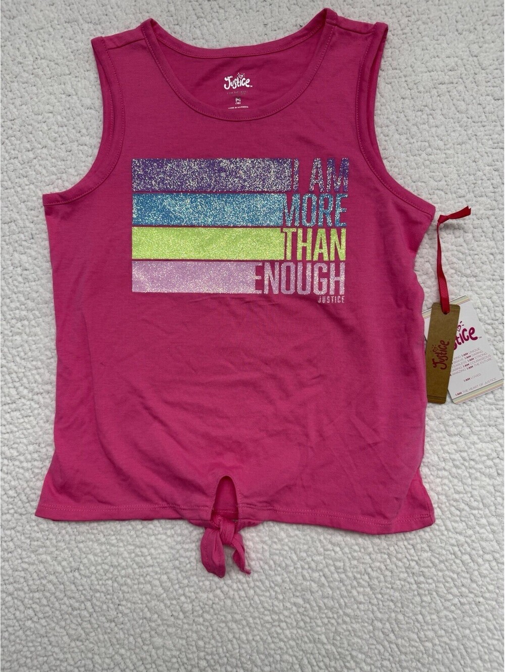 Justice Girl's L (12-14) "I AM MORE THAN ENOUGH" Pink Glitter Tank Top Knot Tie